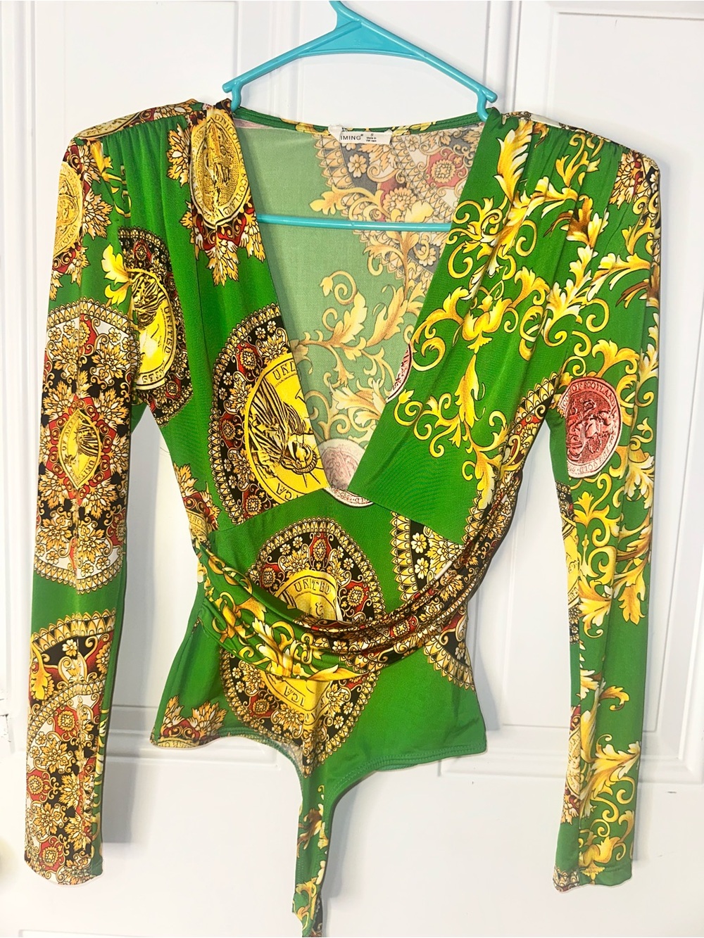 Timing Green & Yellow Baroque-Print Wrap Bodysuit